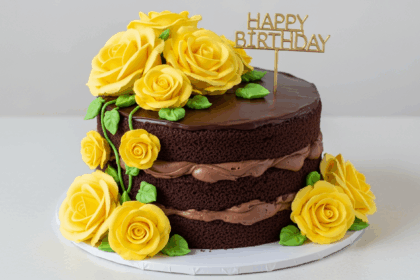 Chocolate Birthday Cake With Yellow Roses