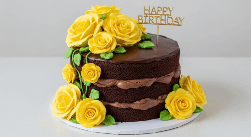Chocolate Birthday Cake With Yellow Roses