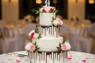 Three-Tier Wedding Cake With Chocolate Drip