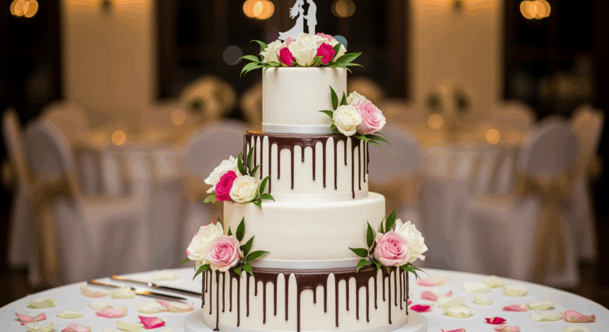 Three-Tier Wedding Cake With Chocolate Drip