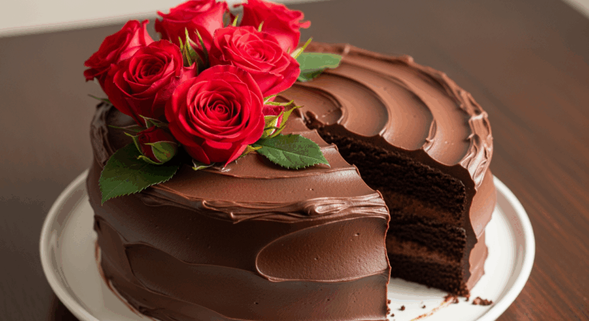 Chocolate Frosted Cake With Roses
