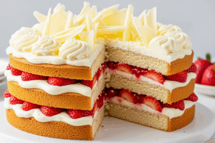 Strawberry Cake With White Chocolate Shavings