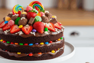 Chocolate Cake With Strawberries And Candies