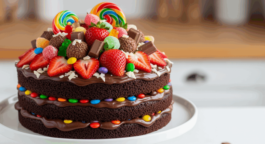 Chocolate Cake With Strawberries And Candies