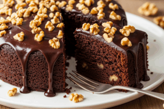 Chocolate Cake With Walnuts On Plate