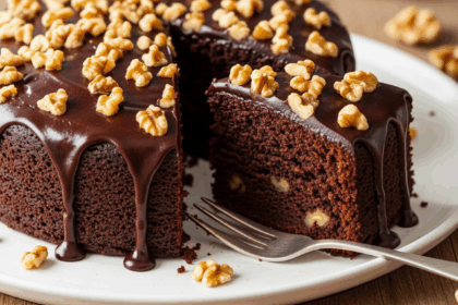 Chocolate Cake With Walnuts On Plate