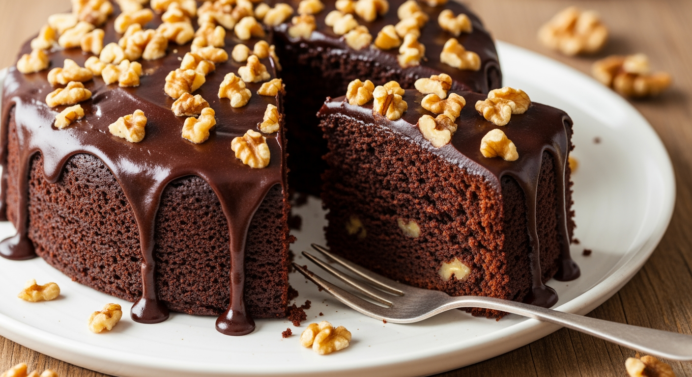 Chocolate Cake With Walnuts On Plate