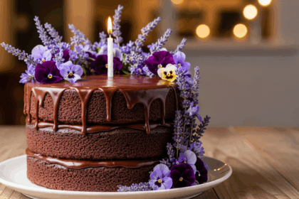 Chocolate Birthday Cake With Purple Flowers
