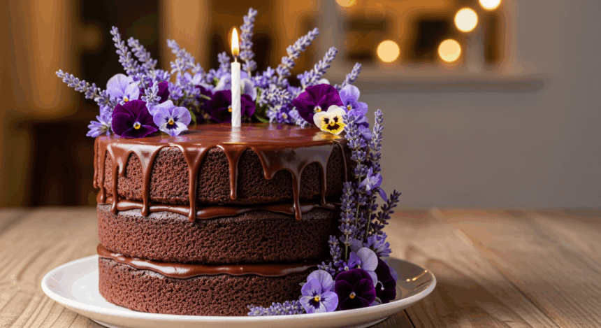 Chocolate Birthday Cake With Purple Flowers