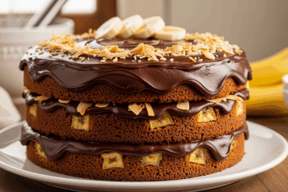 Easiest Coconut Banana Cake With Fudgy Chocolate Frosting.