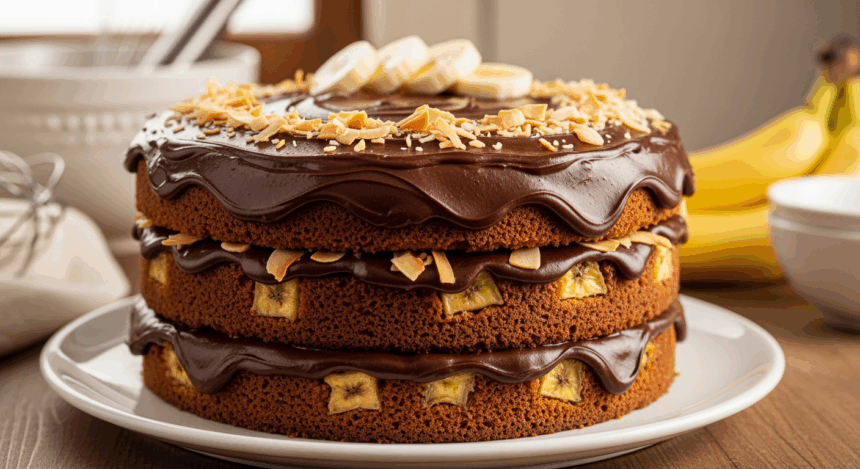 Easiest Coconut Banana Cake With Fudgy Chocolate Frosting.