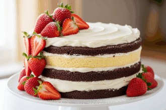 Chocolate And Vanilla Cake With Strawberries