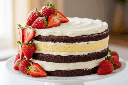Chocolate And Vanilla Cake With Strawberries