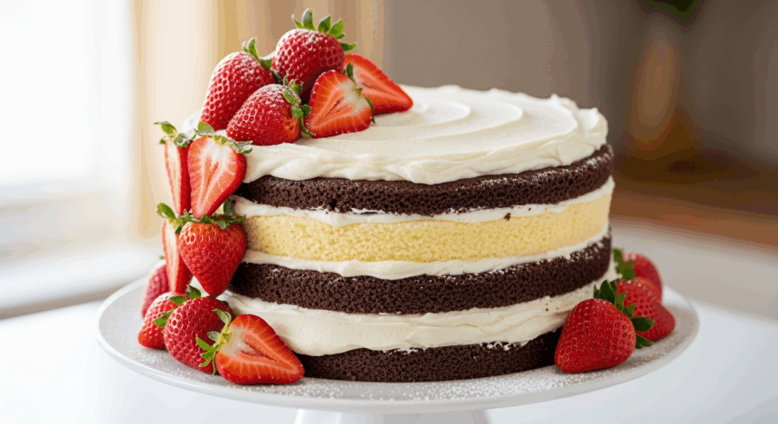 Chocolate And Vanilla Cake With Strawberries