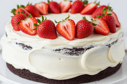 Chocolate Cake With Vanilla Frosting And Strawberries