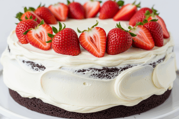Chocolate Cake With Vanilla Frosting And Strawberries