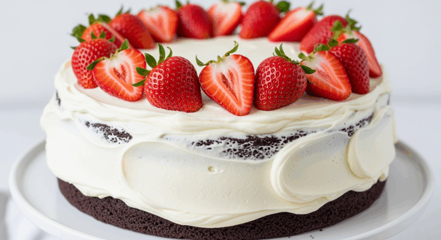 Chocolate Cake With Vanilla Frosting And Strawberries