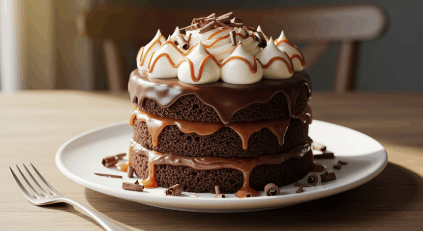 Chocolate Cake With Caramel And Whipped Cream