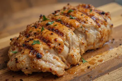 Grilled Chicken Breast On Wooden Board