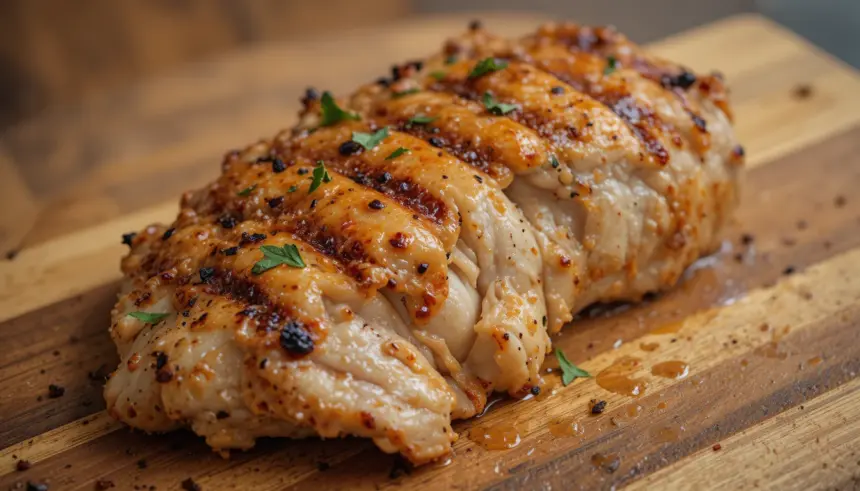 Grilled Chicken Breast On Wooden Board