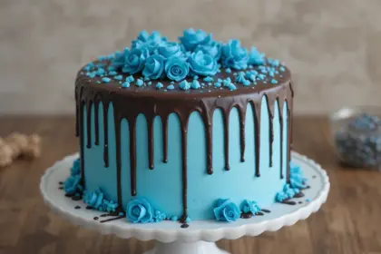 Chocolate Drip Cake With Blue Decorations