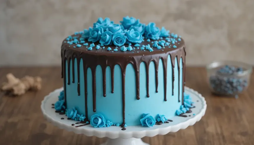 Chocolate Drip Cake With Blue Decorations