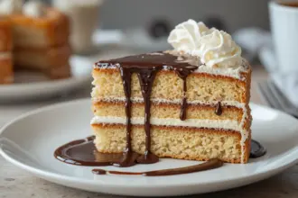 Slice Of Layered Cake With Chocolate Sauce