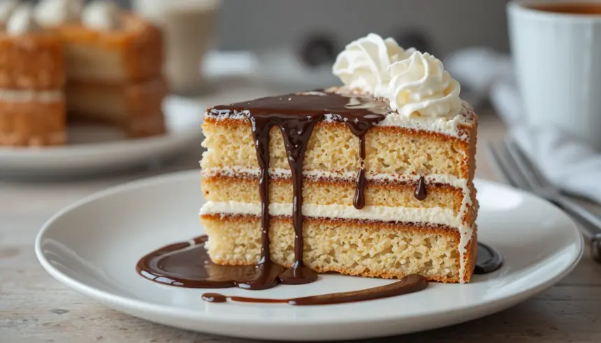 Slice Of Layered Cake With Chocolate Sauce