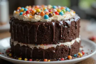 Chocolate Cake With Whipped Cream And Candies