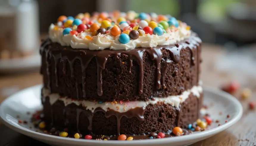 Chocolate Cake With Whipped Cream And Candies