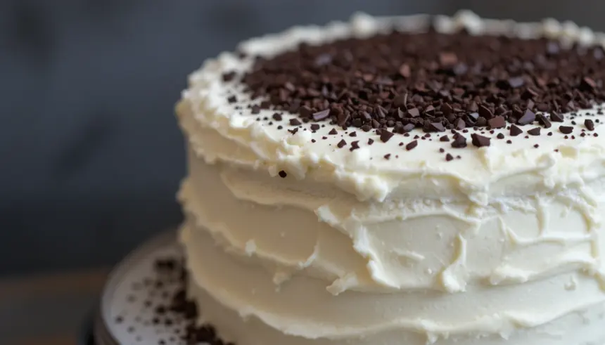 White Frosted Cake With Chocolate Shavings
