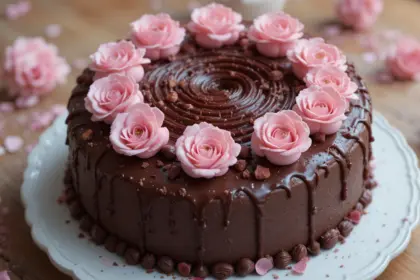 Chocolate Rose Cake With Pink Flowers