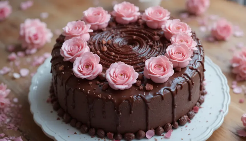 Chocolate Rose Cake With Pink Flowers