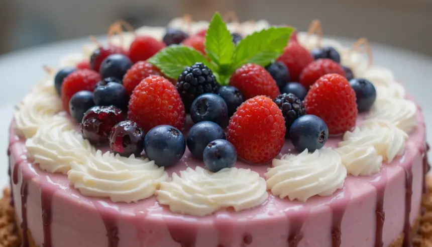 Berry-Topped Cake With Chocolate Decoration