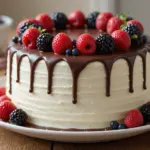 White Cake With Chocolate Drip And Berries