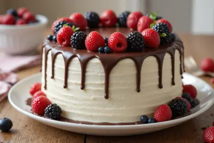 White Cake With Chocolate Drip And Berries