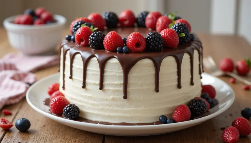 White Cake With Chocolate Drip And Berries