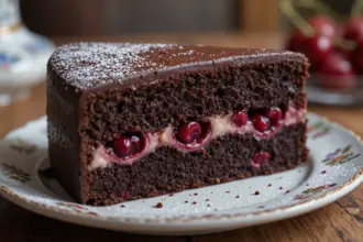 Slice Of Chocolate Cake With Cherry Filling