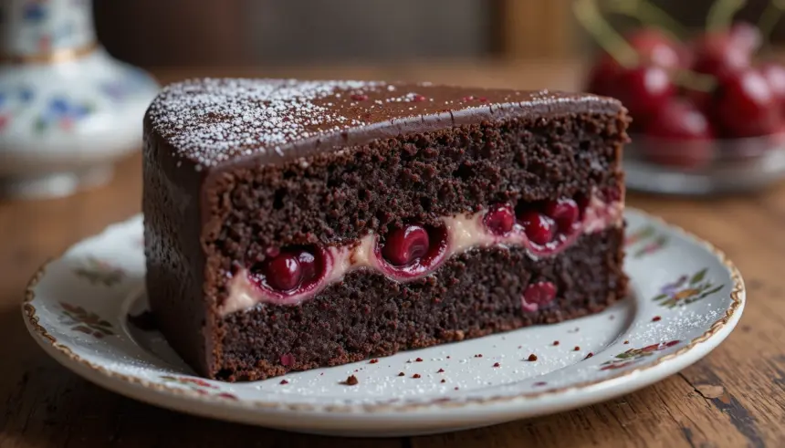 Slice Of Chocolate Cake With Cherry Filling