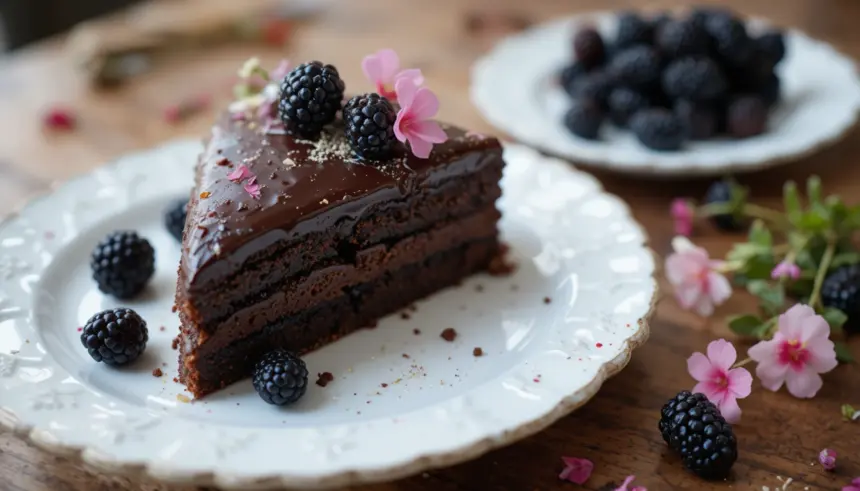 Chocolate Cake With Blackberries And Flowers