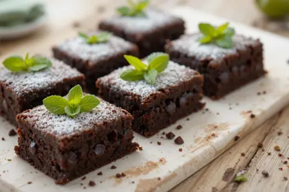 Chocolate Brownies With Mint Garnish