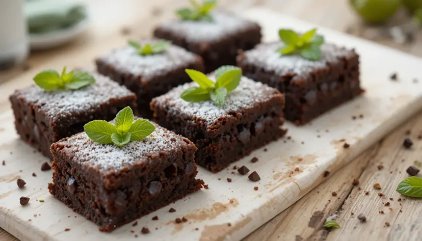 Chocolate Brownies With Mint Garnish