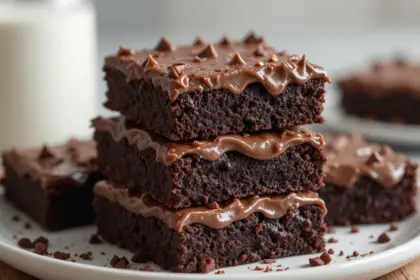 Stack Of Chocolate Brownies With Frosting