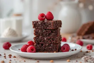 Stack Of Chocolate Brownies With Raspberries