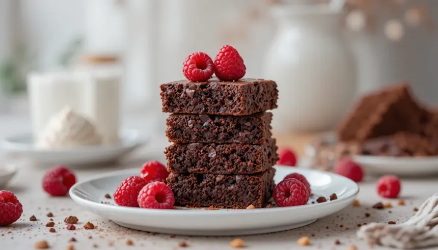 Stack Of Chocolate Brownies With Raspberries