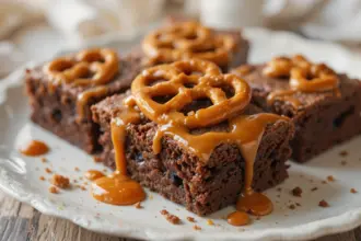 Pretzel Brownies With Caramel Sauce