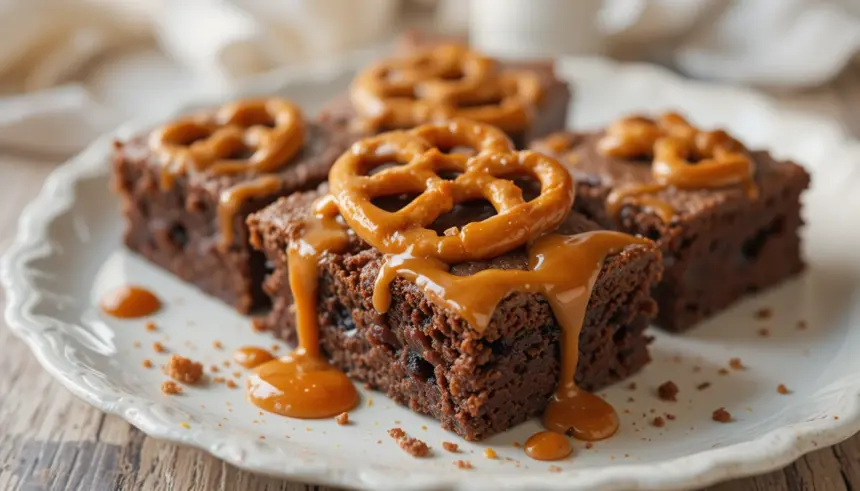 Pretzel Brownies With Caramel Sauce