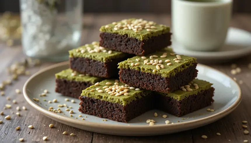 Matcha Brownies With Sesame Seeds