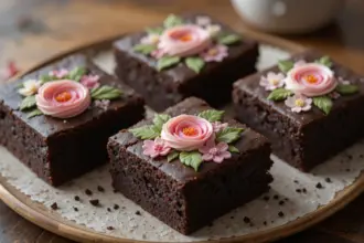 Decorated Chocolate Brownies With Floral Icing