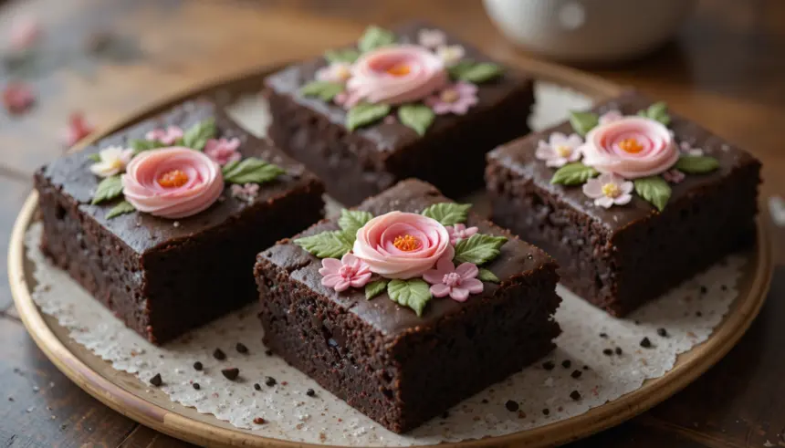 Decorated Chocolate Brownies With Floral Icing